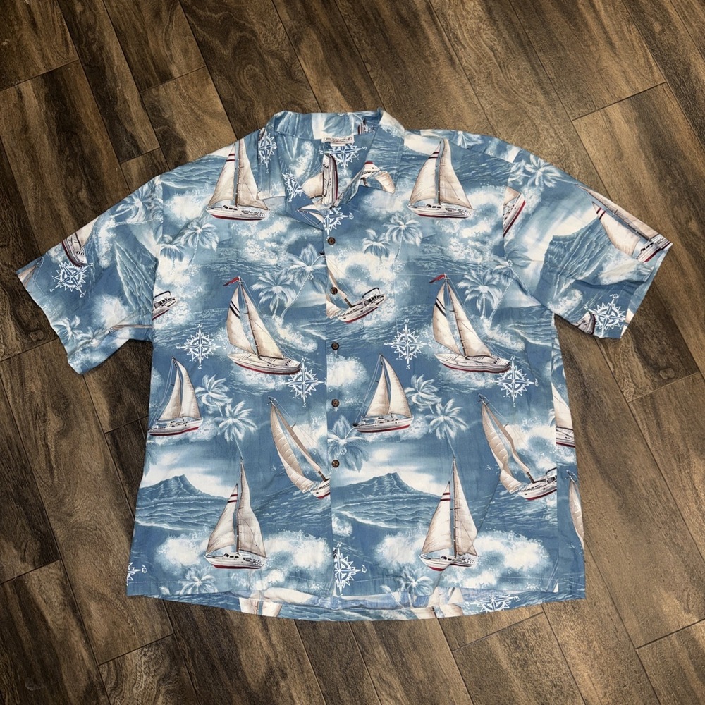Pacific Legend Hawaiian Aloha Button-Down Polo Shirt Men's 3XL Sailboats AOP
